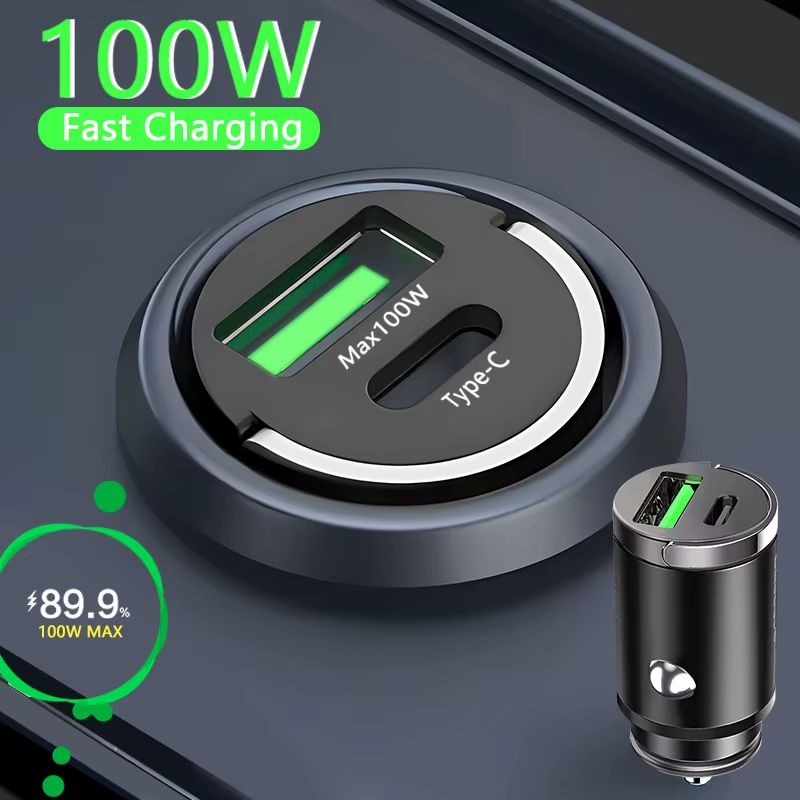 Compact Power On the Go: 100W Mini Car Charger Fast Charging for iPhone, Xiaomi, Samsung & More